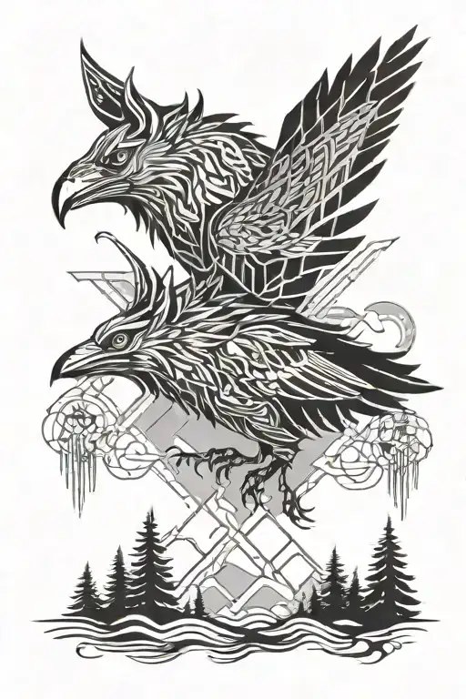 Viking crows flying in a thunderstorm forest distant wolf tattoo design idea