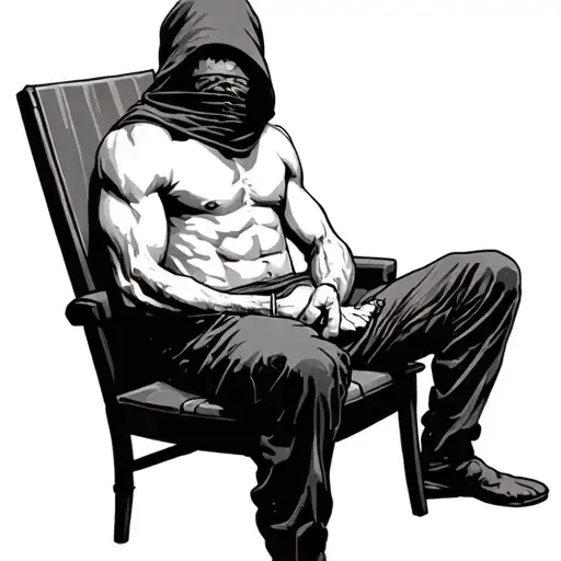 shirtless hostage man bent over wooden chair with hood covering his face hands tied behind back being shot tattoo design idea