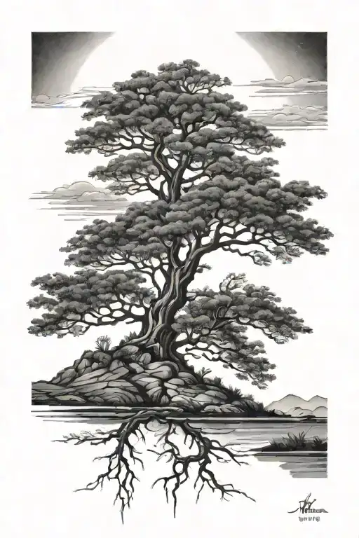 A serene landscape with a solitary tree standing tall, representing the beauty of solitude and self-reflection tattoo design idea