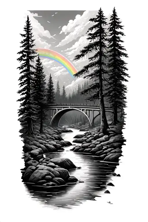 forest with a creek and rainbow bridge in the background tattoo design idea