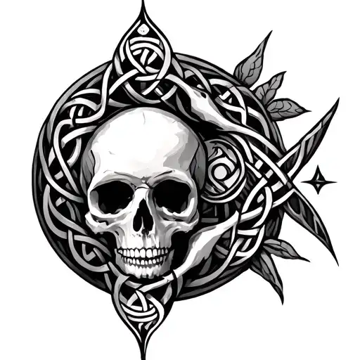 A fusion of Celtic art motifs with skeletal elements to represent the cycle of life and death tattoo design idea