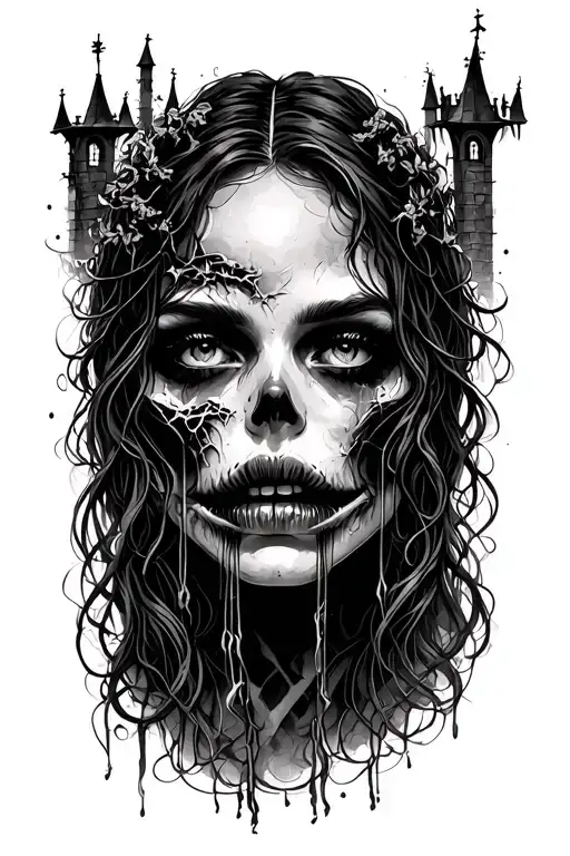 woman closed lip,stitched with strings, grim dark,lovecraft, mysterious, castle, prison, futility, aerie, horror,  haunt tattoo design idea