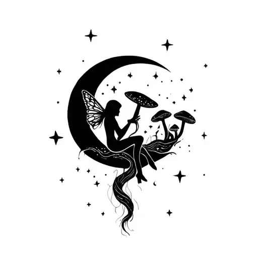  shadow fairy sitting on long twisted mushrooms inside the moon among stars tattoo design idea