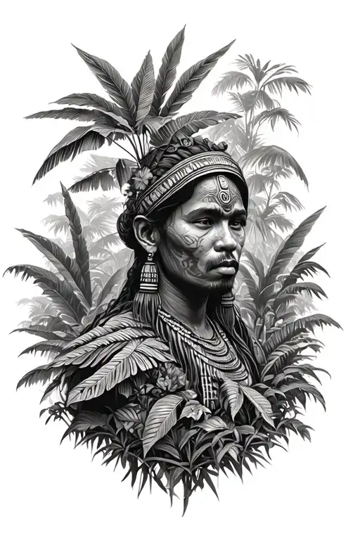 Overgrown jungle, like the jungles in Colombia, including the lost city in teyuna park, with Mamo Ramualdo figure as sma tattoo design idea