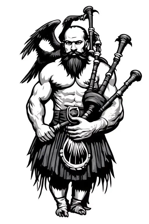 muscular bagpiper bald black beard black huge wings on  back playing the bagpipes flying crow with claws hairy chest tattoo design idea