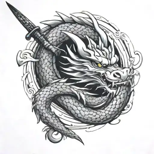 Japanese dragon wrapped around fisherman knife with little bit of pop for a forearm tattoo tattoo design idea