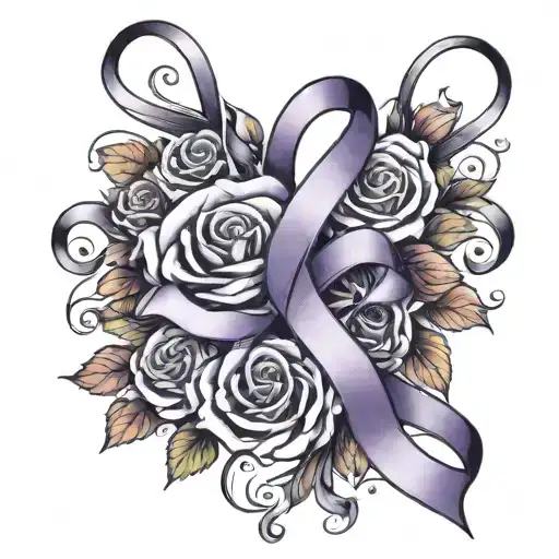purple ribbon with what the mind forgets the heart will always remember and flowers around  tattoo design idea