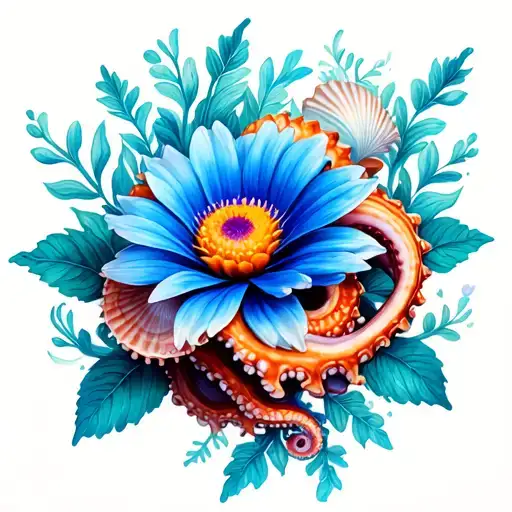 shells and tentacle holding flower intertwined tattoo design idea