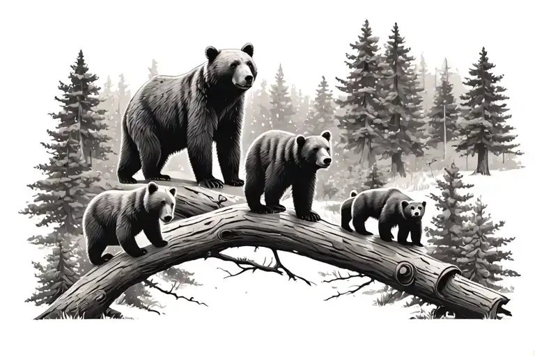 two parent bears and 3 cubs in forest add a cub to the right of the other one also on log on right same direction  tattoo design idea