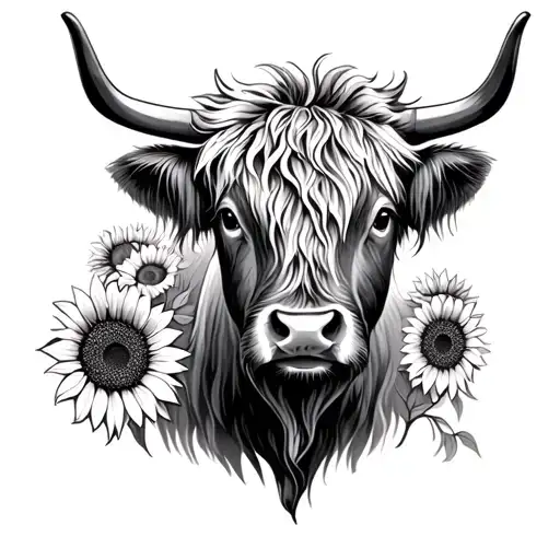 highland cow with sunflower shoulder  tattoo design idea