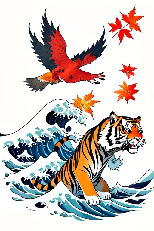 red and blue waves crashing, mythical tiger flying above, bright orange and red maple leaves falling, and an ODA flower tattoo design idea