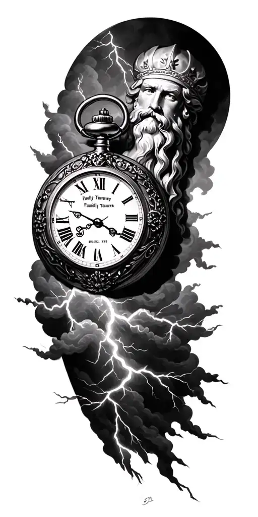 face of royal Zeus, antique pocket watch reads 15:11, written Family Tamarra, lightning and clouds (the whole arm) tattoo design idea