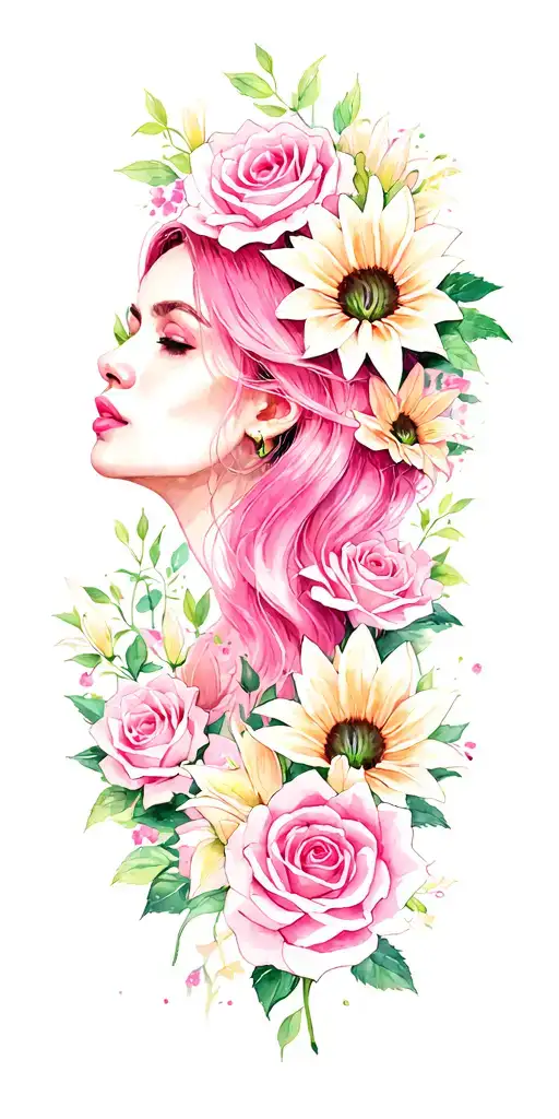 woman with pink hair surrounded by roses, lilies and pink sunflowers  tattoo design idea