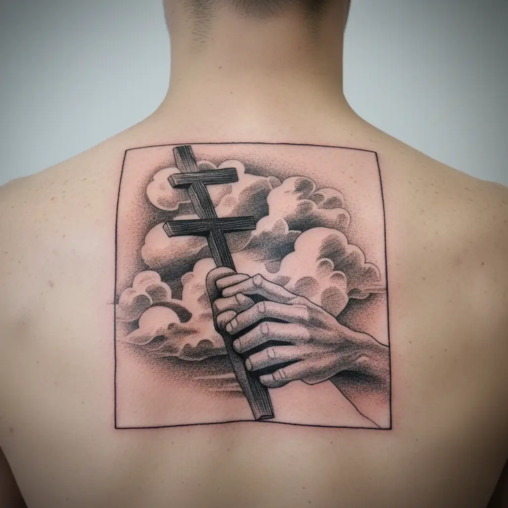cross with clouds praying hands bible verse tattoo design idea