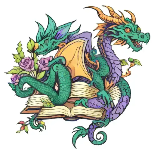 dragon hoarding open books words scrolling in the air with vines and flowers in dark greens and purples tattoo design idea