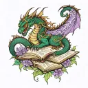 dragon hoarding open books words scrolling in the air with vines and flowers in dark greens and purples tattoo design idea