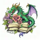 dragon hoarding open books words scrolling in the air with vines and flowers in dark greens and purples tattoo design idea
