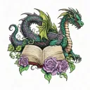 dragon hoarding open books words scrolling in the air with vines and flowers in dark greens and purples tattoo design idea
