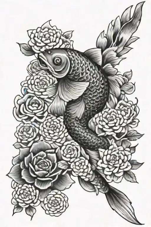 Japanese koi fish with Japanese chrysanthemum and Japanese camellias tattoo design idea