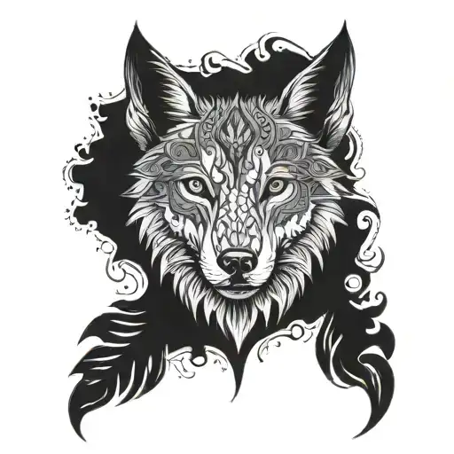 chest tattoo. male. sketchy wolf head and mandala filling to edges. tattoo follows male chest shapes. tattoo design idea