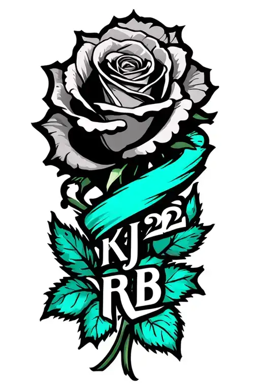 "KJ RB 22" Black and teal wrapped rose tattoo design idea
