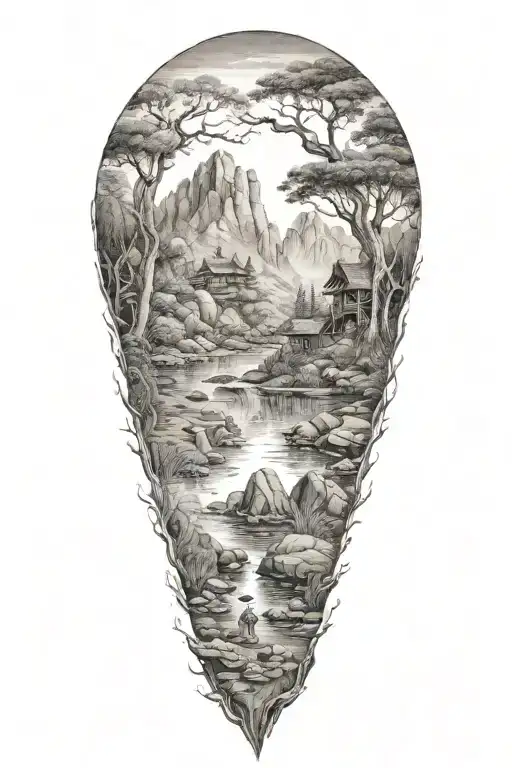 A serene landscape with a hidden danger lurking beneath the surface, reflecting the client's calm demeanor and dangerouk tattoo design idea