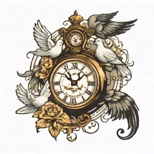 broken clock set at 3:15 with doves flying tattoo design idea