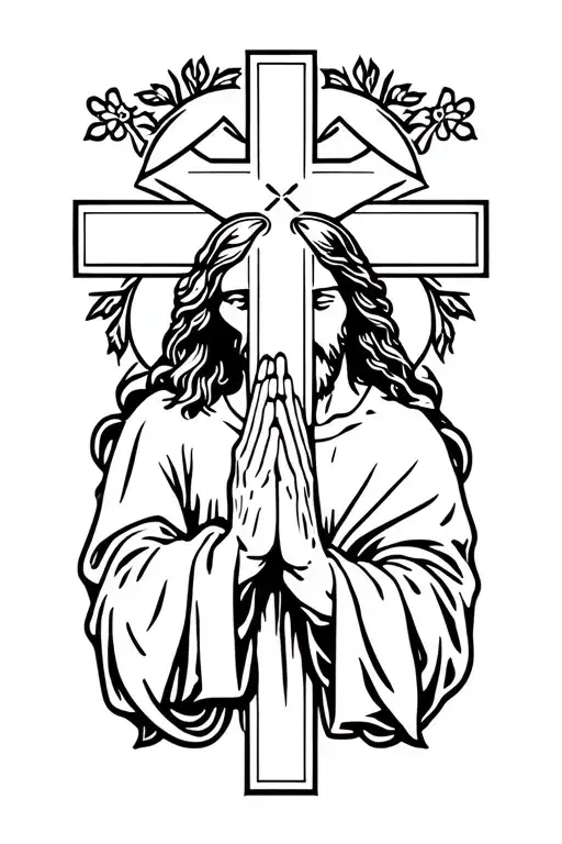 Catholic cross with jesus praying tattoo design idea