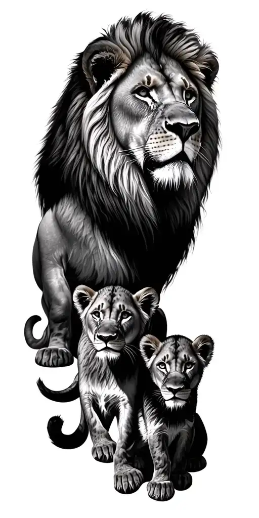 male lion, female lion, 3 lion cubs surrounded tattoo design idea