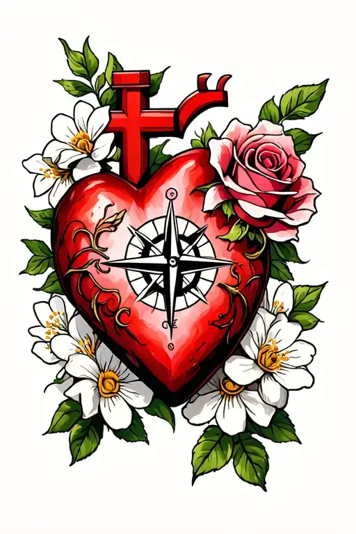 cross with compass, heart centered around roses, jasmine flowers tattoo design idea