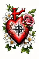 cross with compass, heart centered around roses, jasmine flowers tattoo design idea