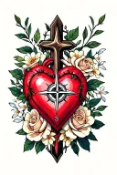 cross with compass, heart centered around roses, jasmine flowers tattoo design idea
