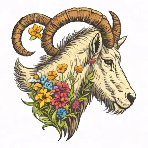 Mountain goat standing in a patch of colorful wildflowers in the high alpine mountains of glacier national park montana tattoo design idea