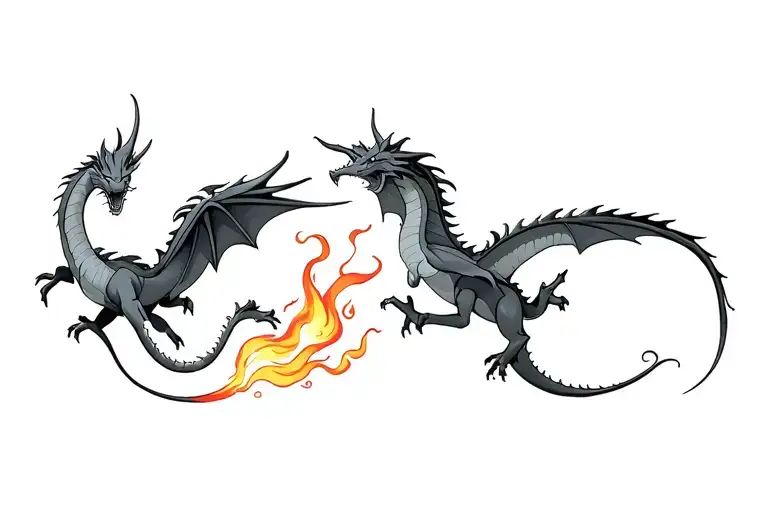Two dragons flying ,breathing fire, tattoo, minimalist style, fine line tattoo design idea
