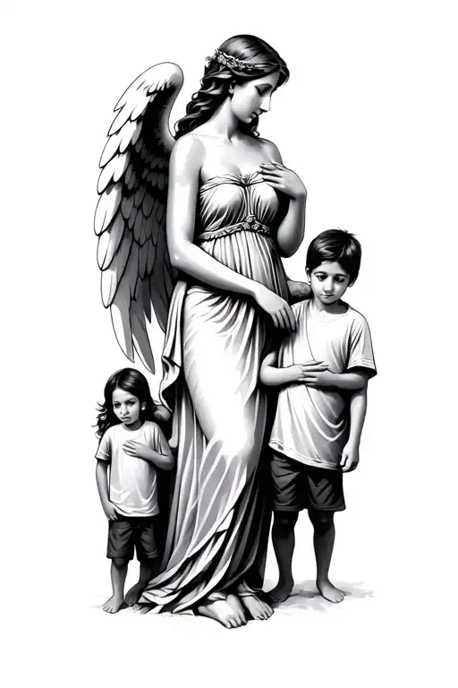 A mother described as a guardian angel guarding 3 sons different ages tattoo design idea