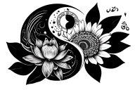 Magic Mushroom Yin Yang Lotus flower Daisy Gemini Air sign KM Om Witches hat Dog pawTree of life tattoo design idea
