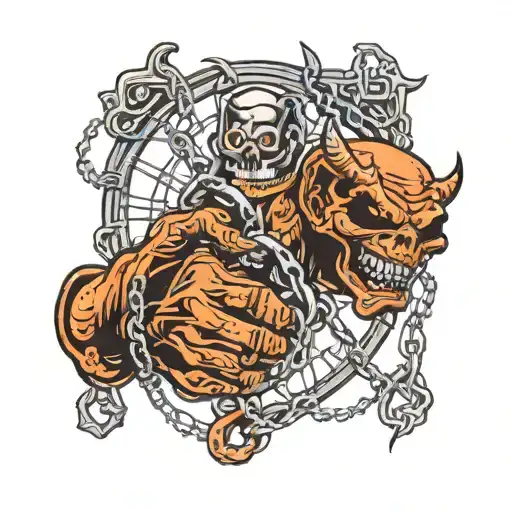 handshake with the devil against the backdrop of cobwebs and chains tattoo design idea