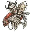 handshake with the devil against the backdrop of cobwebs and chains tattoo design idea