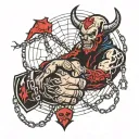 handshake with the devil against the backdrop of cobwebs and chains tattoo design idea