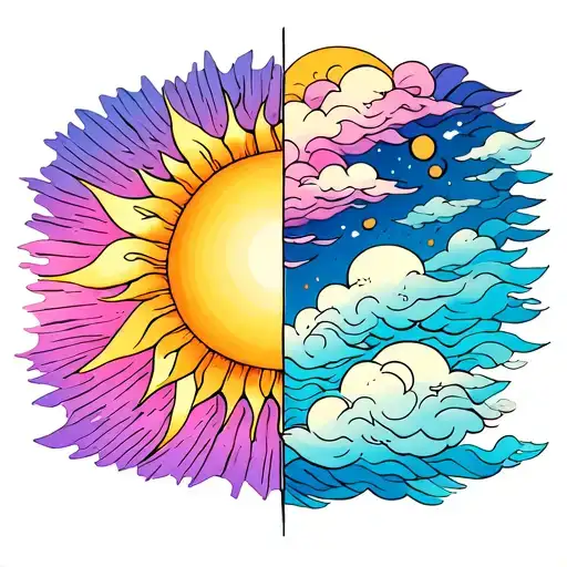 One half is a sun with rays only and The other half is clouds only tattoo design idea