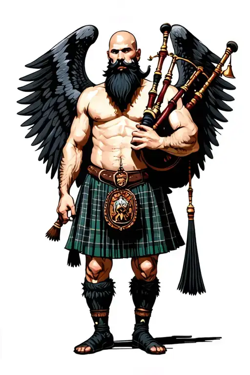 legless shirtless muscular bagpiper bald black beard playing bagpipes huge black wings black background tattoo design idea