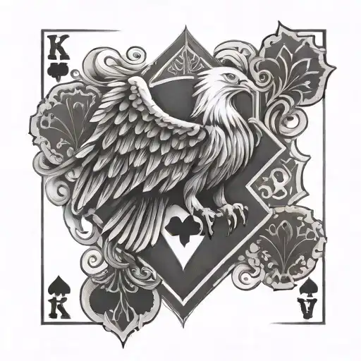 an eagle and poker cards 4 diamonds, Q heart and K spades tattoo design idea