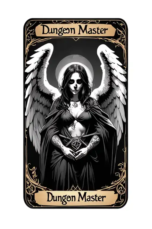 "Dungeon Master " death, Dungeons and dragons, tarot card, female angel of death, wings, d20, nsfw, partial nudity, boobs, tits, skin, nak tattoo design idea