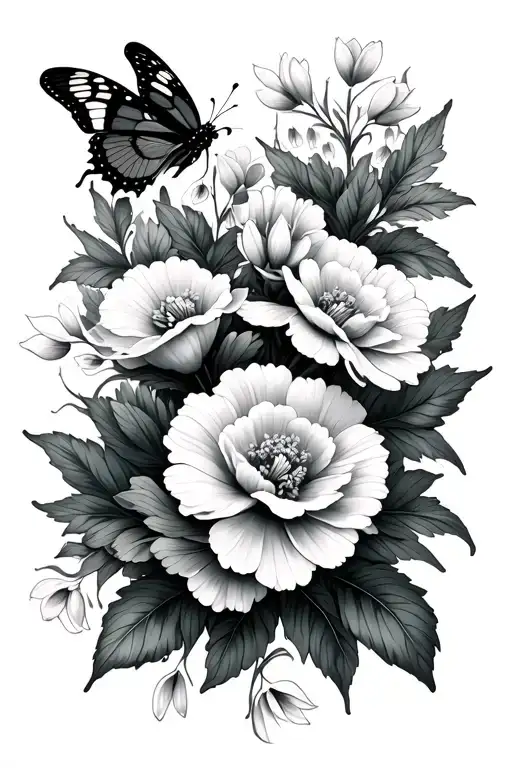 Butterflies and carnation and snowdrop flowers symbolizing tattoo design idea