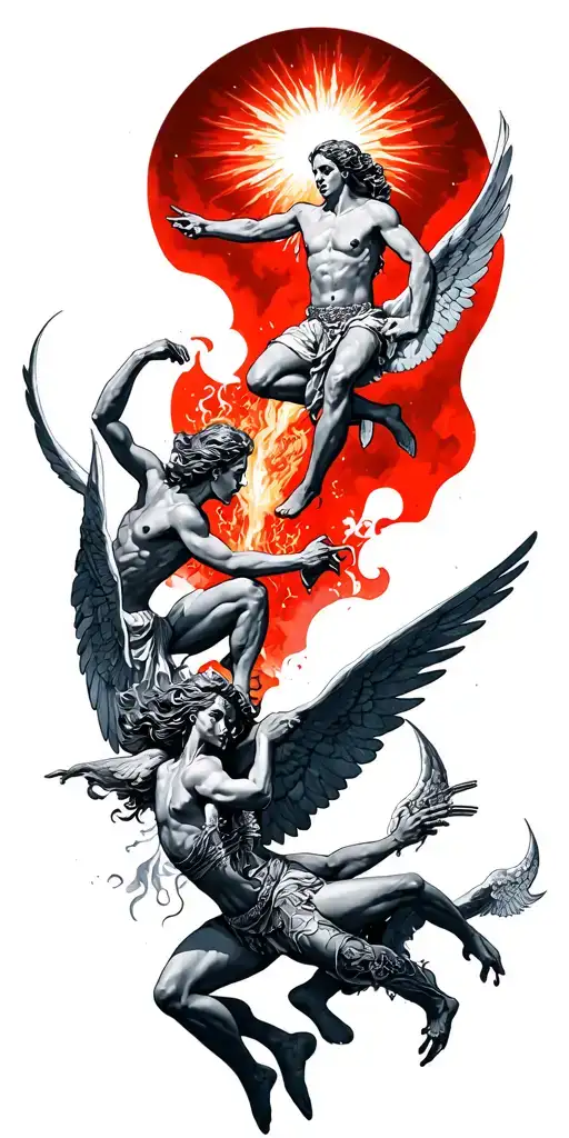 heaven vs hell theme with angels and demons fighting tattoo design idea