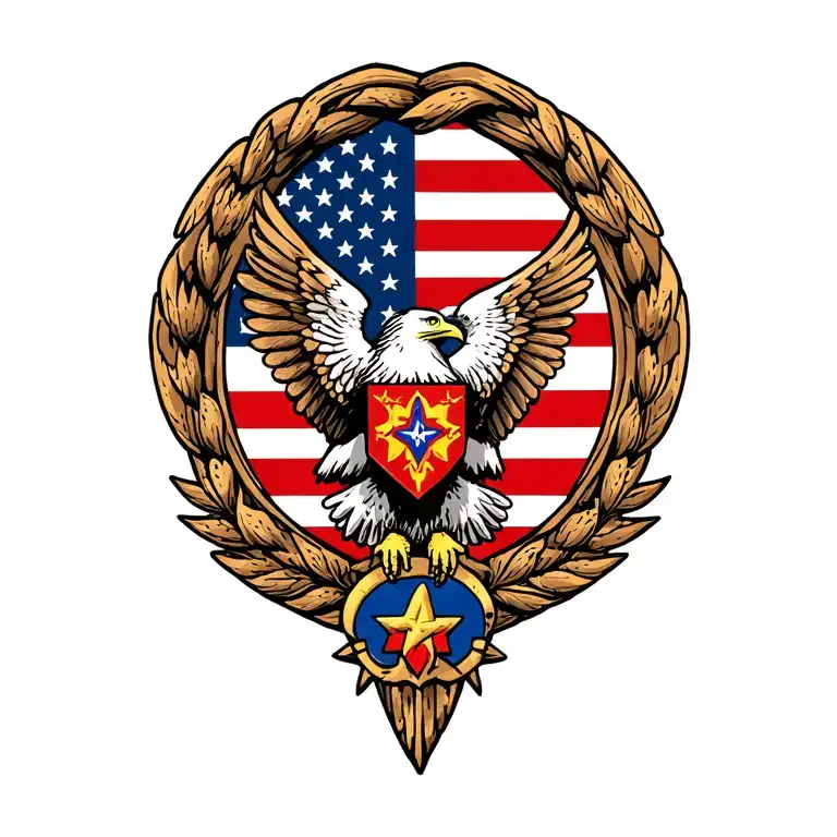 Boy Scout Eagle rank badge in front of American flag tattoo design idea