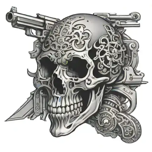 intricate skull with guns tattoo design idea