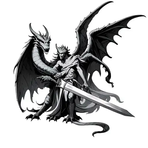 dragon protecting angel holding a sword tattoo design idea