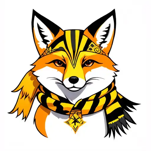 Fox with striped yellow and black scarf and virgo starsign tattoo design idea