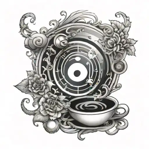 A programming code design with yin and yang elements and coffee cup accents tattoo design idea